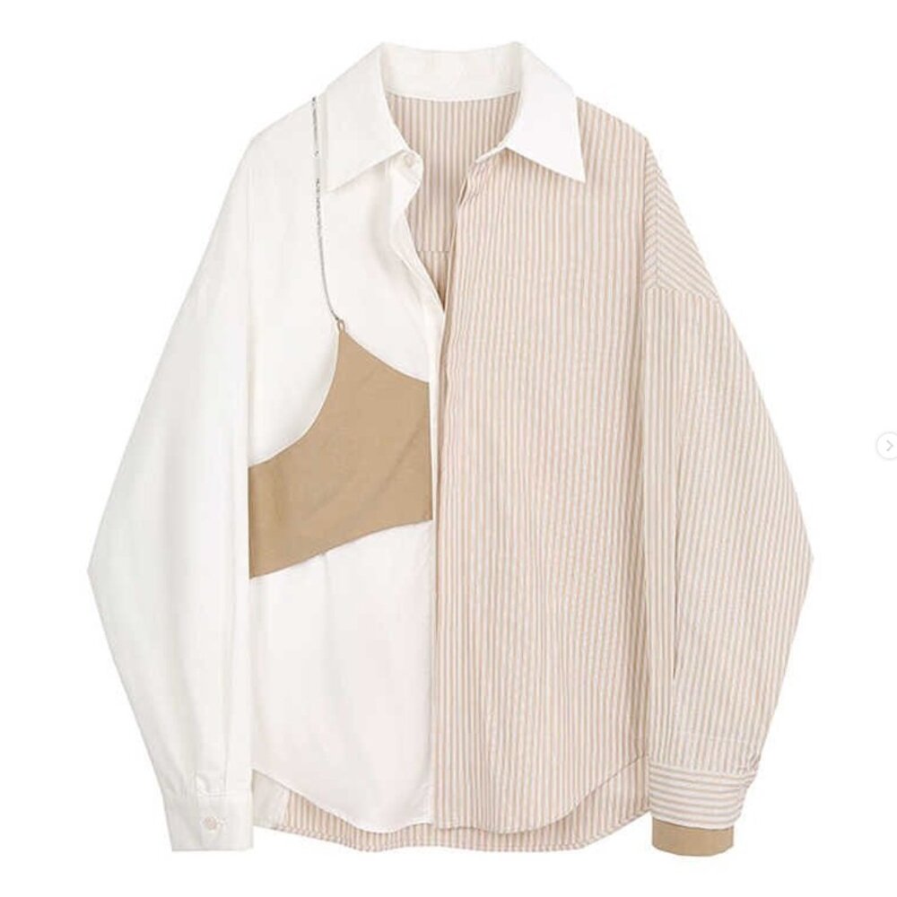 Oversized Button Up Shirt with Faux Bra Detail & Chain – Chic Layered Look
